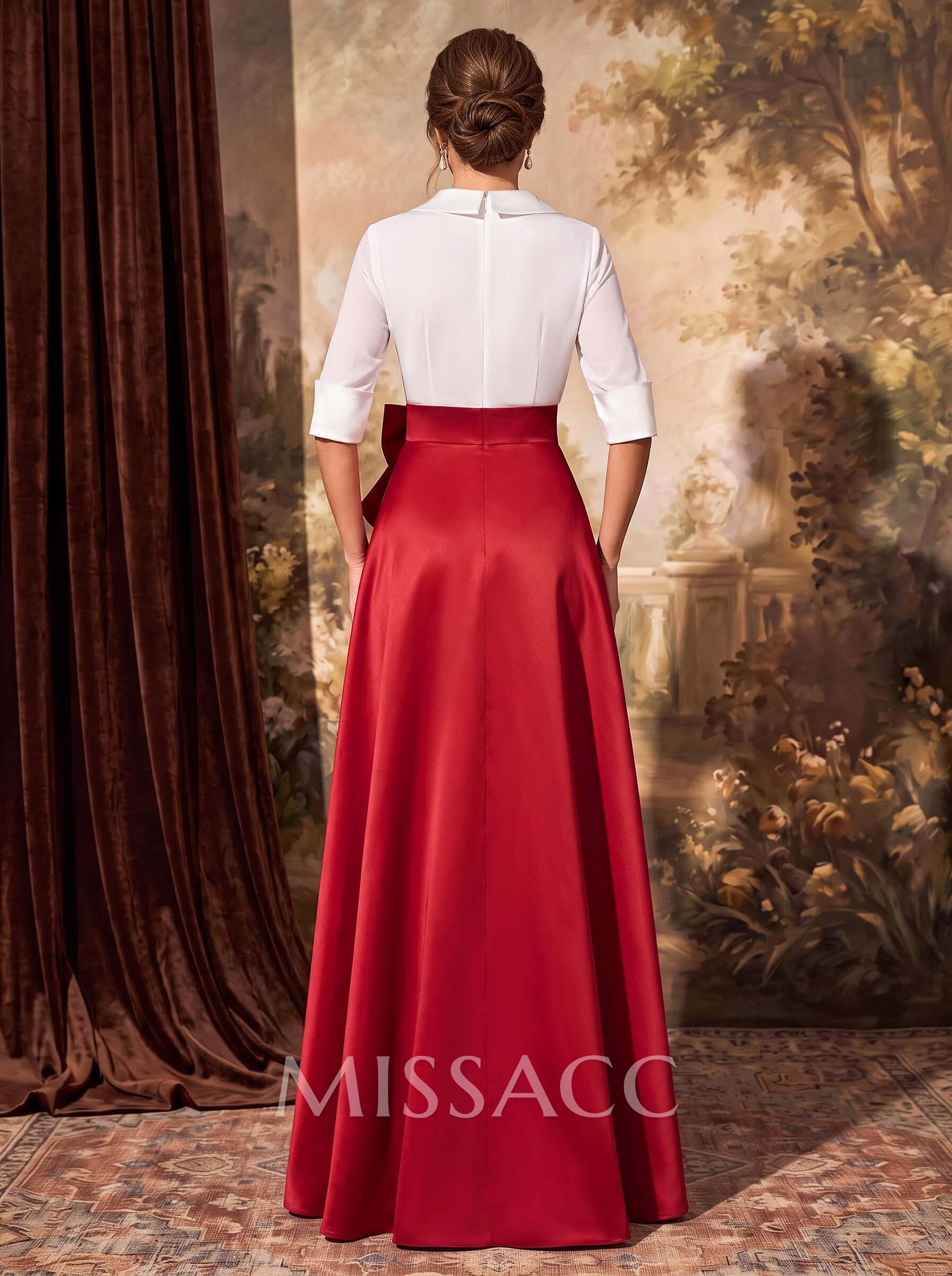 A-Line V-Neck 1/2 Sleeves Satin Evening Dresses With Bow(s)