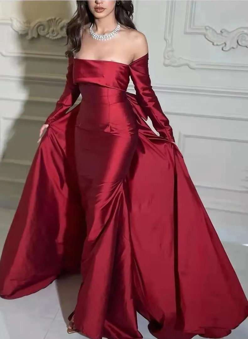 Long Sleeves Off-The-Shoulder Satin Evening Dresses With Bow