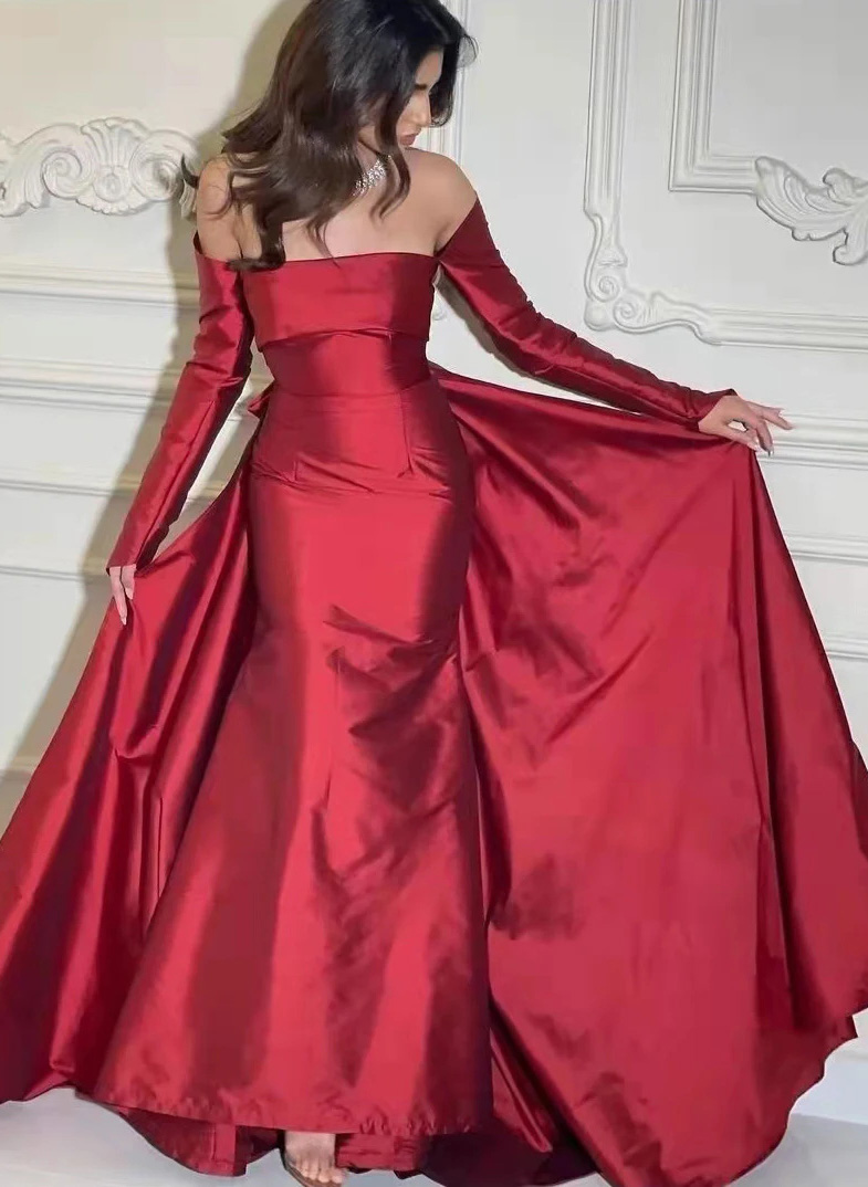 Long Sleeves Off-The-Shoulder Satin Evening Dresses With Bow