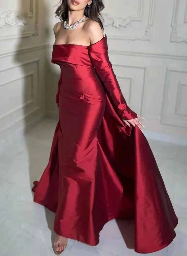 Long Sleeves Off-The-Shoulder Satin Evening Dresses With Bow