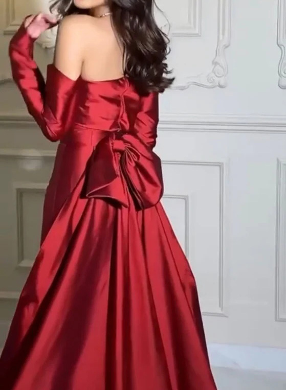 Long Sleeves Off-The-Shoulder Satin Evening Dresses With Bow