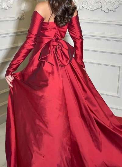 Long Sleeves Off-The-Shoulder Satin Evening Dresses With Bow