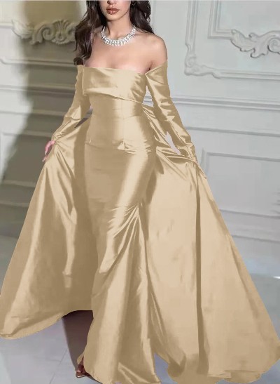 Long Sleeves Off-The-Shoulder Satin Evening Dresses With Bow