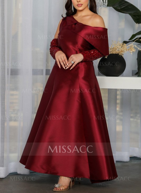 Asymmetrical Neck A-Line Sequined Sleeves Evening Dresses