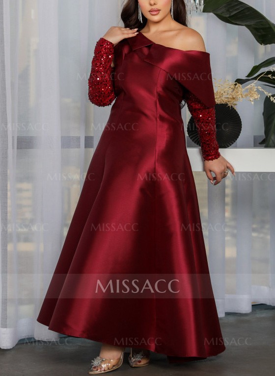 Asymmetrical Neck A-Line Sequined Sleeves Evening Dresses