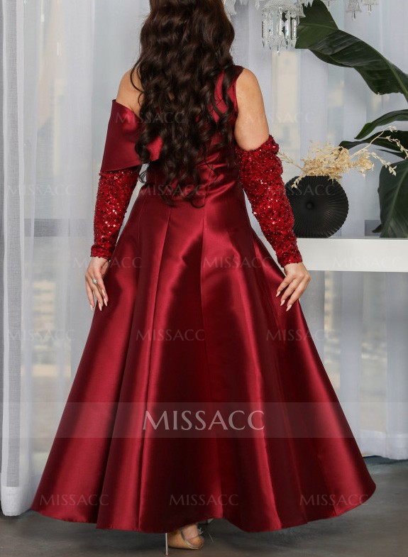 Asymmetrical Neck A-Line Sequined Sleeves Evening Dresses