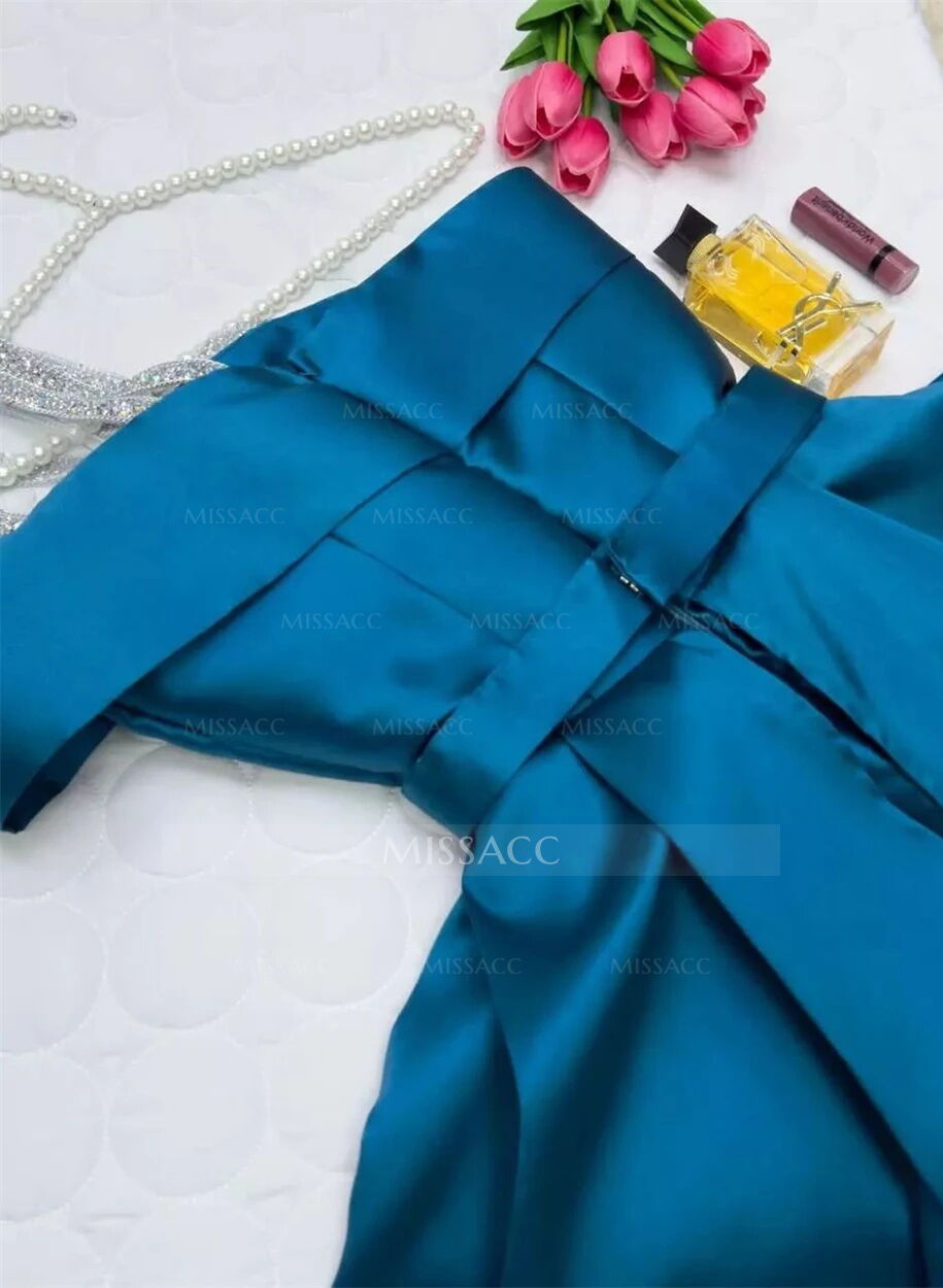 A-Line One-Shoulder Satin Sparkly Evening Dresses