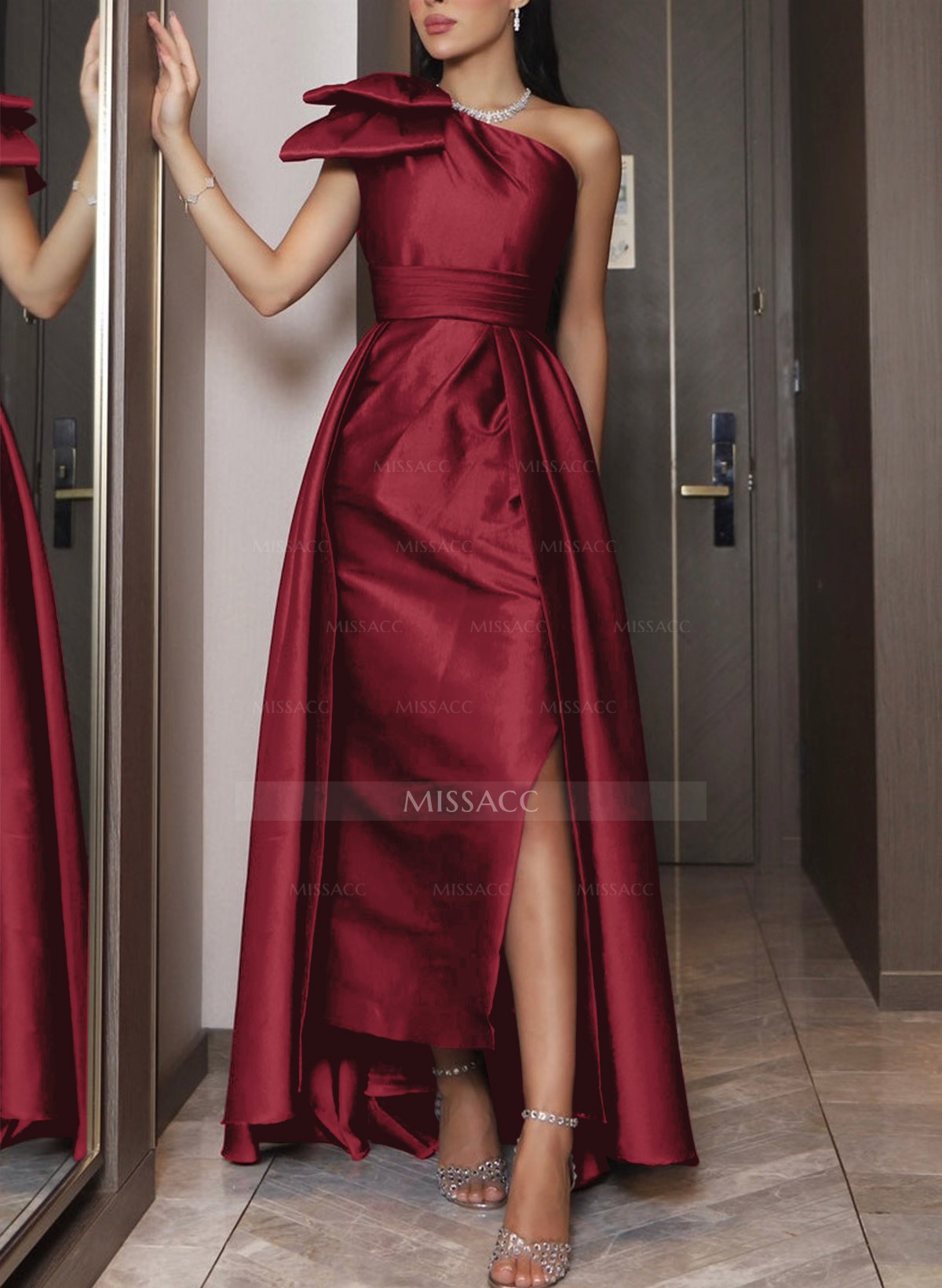 One-Shoulder Satin Simple Elegant Evening Dresses With Bow