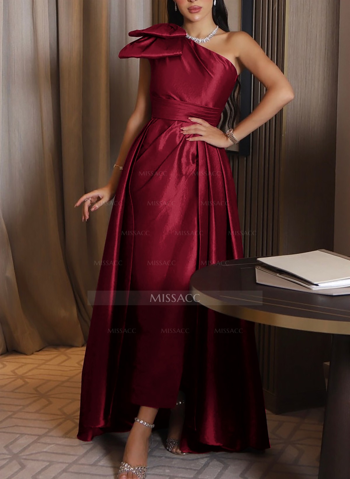 One-Shoulder Satin Simple Elegant Evening Dresses With Bow