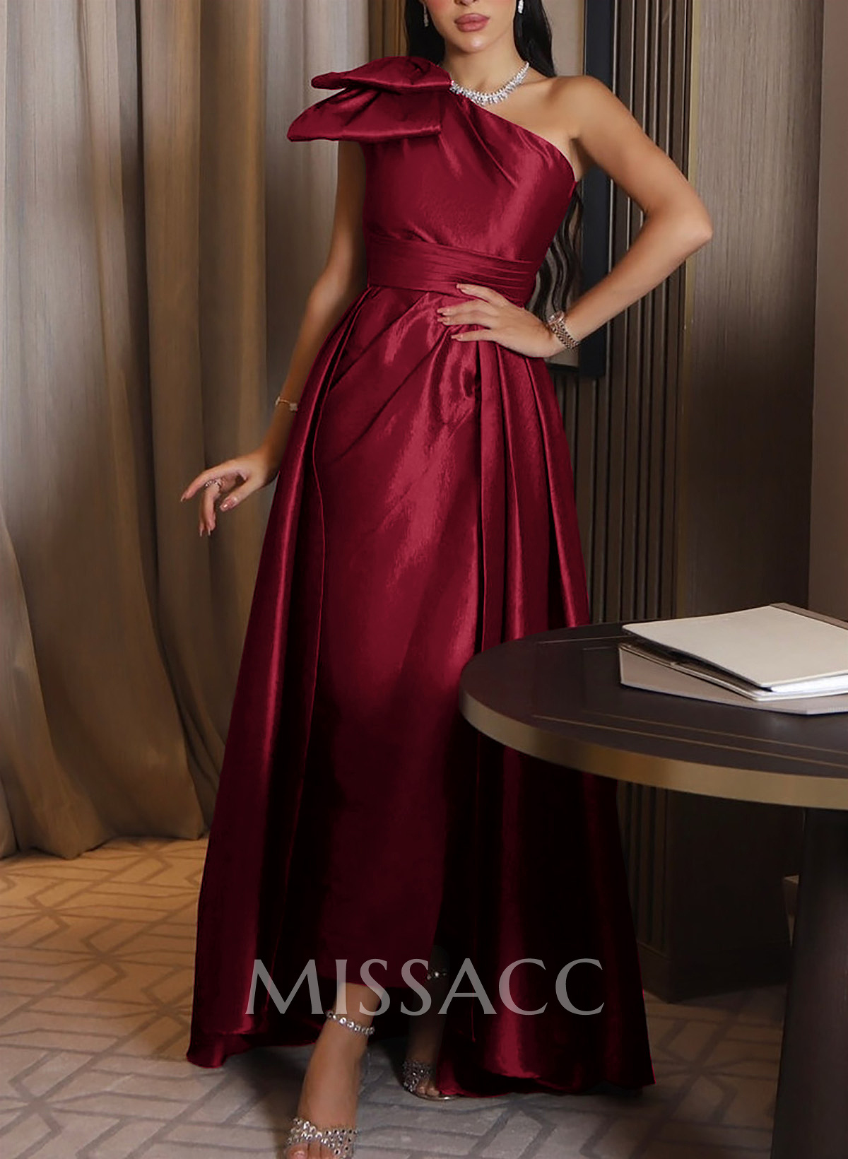 One-Shoulder Satin Simple Elegant Evening Dresses With Bow