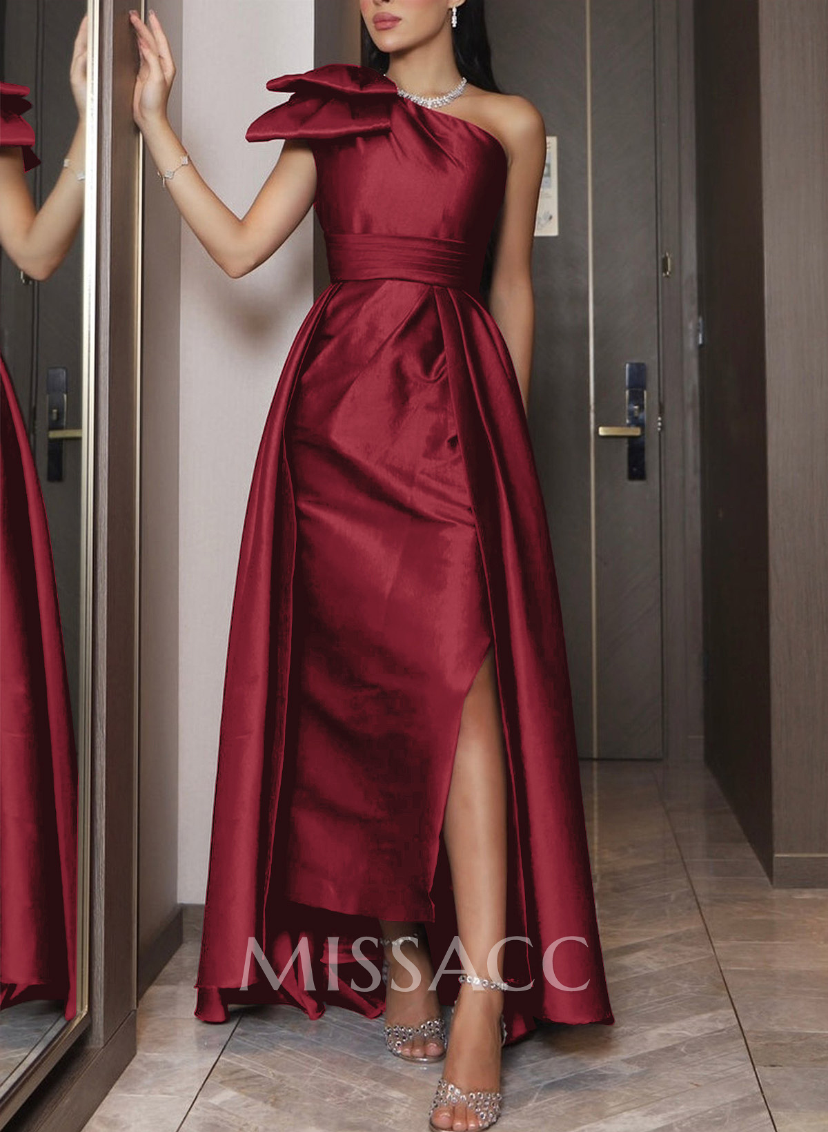 One-Shoulder Satin Simple Elegant Evening Dresses With Bow