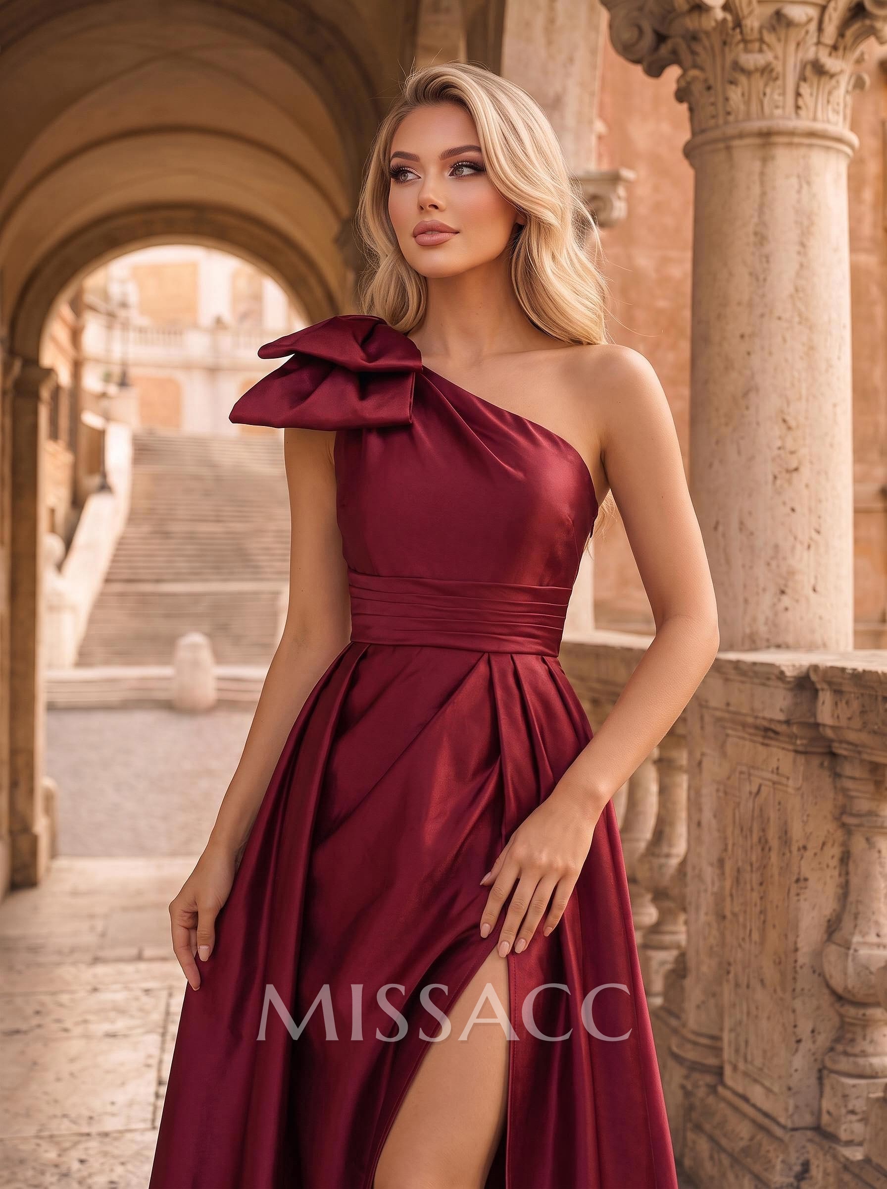 One-Shoulder Satin Simple Elegant Evening Dresses With Bow One-Shoulder Satin Simple Elegant Evening Dresses With Bow