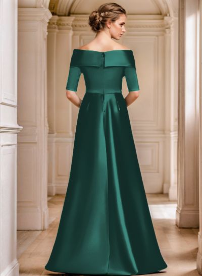 Off-The-Shoulder 1/2 Sleeves Floor-Length Satin Evening Dresses