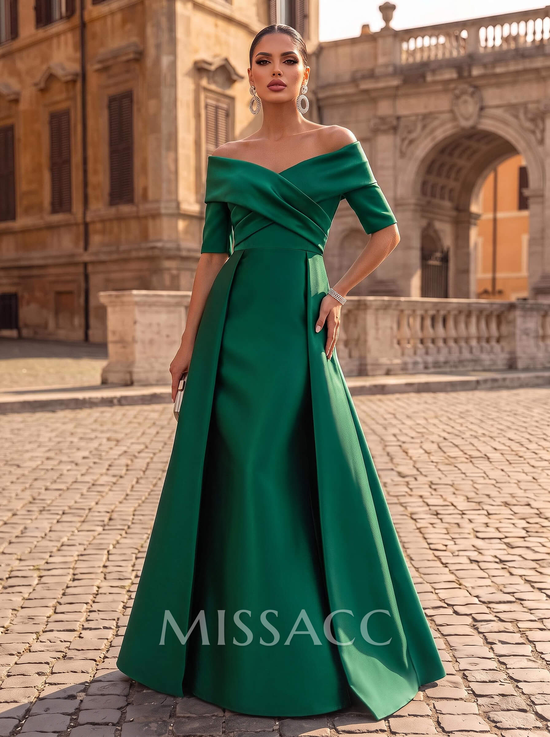 Elegant Off-The-Shoulder Satin Evening Dresses With 1/2 Sleeves