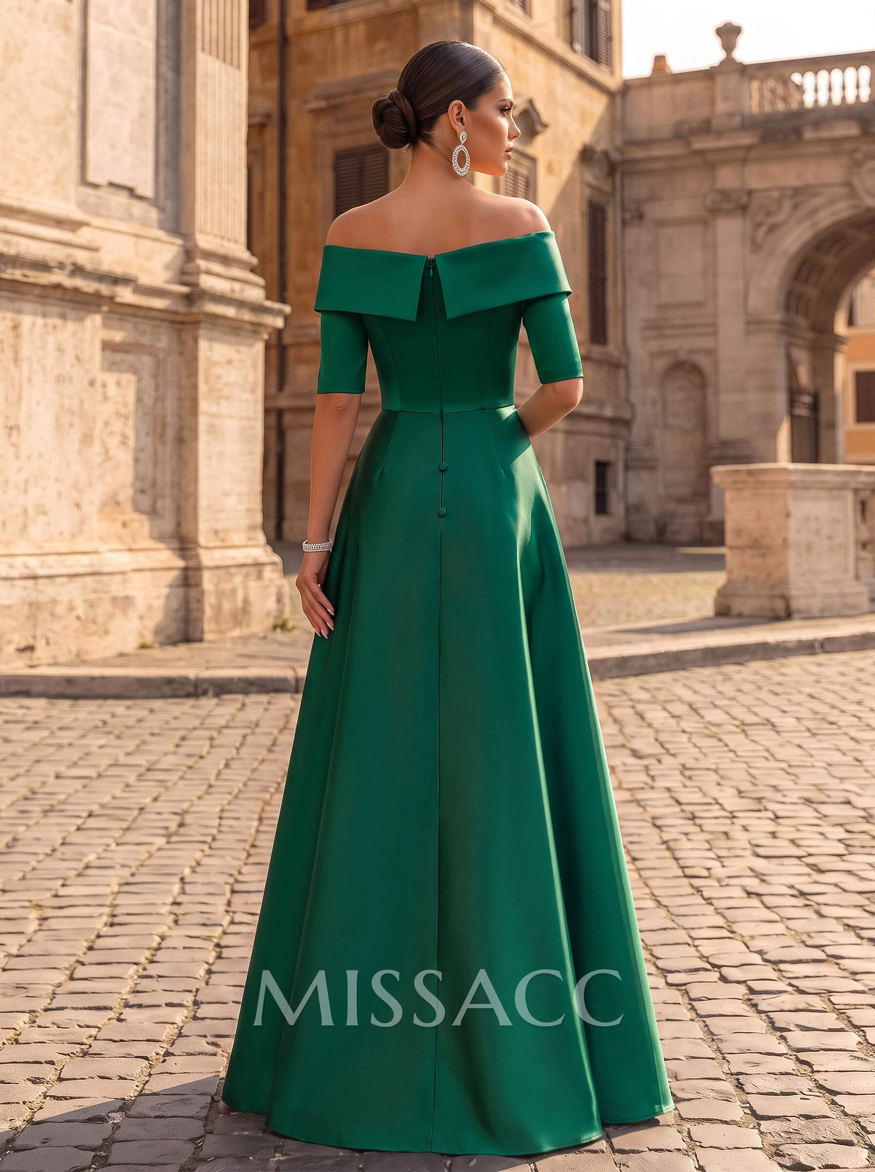 Elegant Off-The-Shoulder Satin Evening Dresses With 1/2 Sleeves