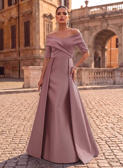 Elegant Off-The-Shoulder Satin Evening Dresses With 1/2 Sleeves