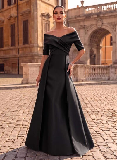 Elegant Off-The-Shoulder Satin Evening Dresses With 1/2 Sleeves