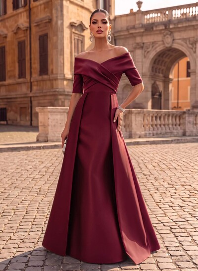 Elegant Off-The-Shoulder Satin Evening Dresses With 1/2 Sleeves