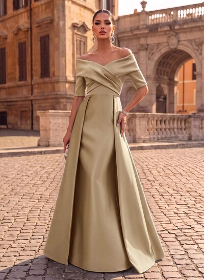 Elegant Off-The-Shoulder Satin Evening Dresses With 1/2 Sleeves
