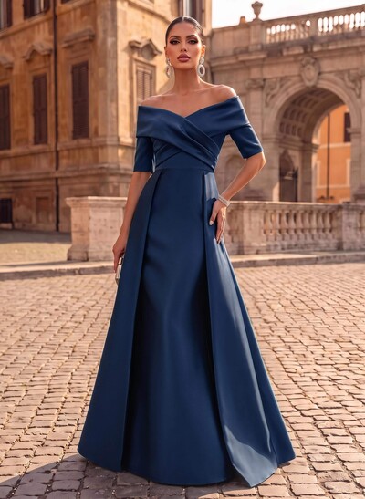 Elegant Off-The-Shoulder Satin Evening Dresses With 1/2 Sleeves