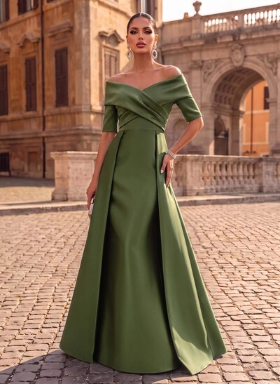 Elegant Off-The-Shoulder Satin Evening Dresses With 1/2 Sleeves