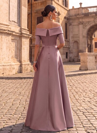 Elegant Off-The-Shoulder Satin Evening Dresses With 1/2 Sleeves