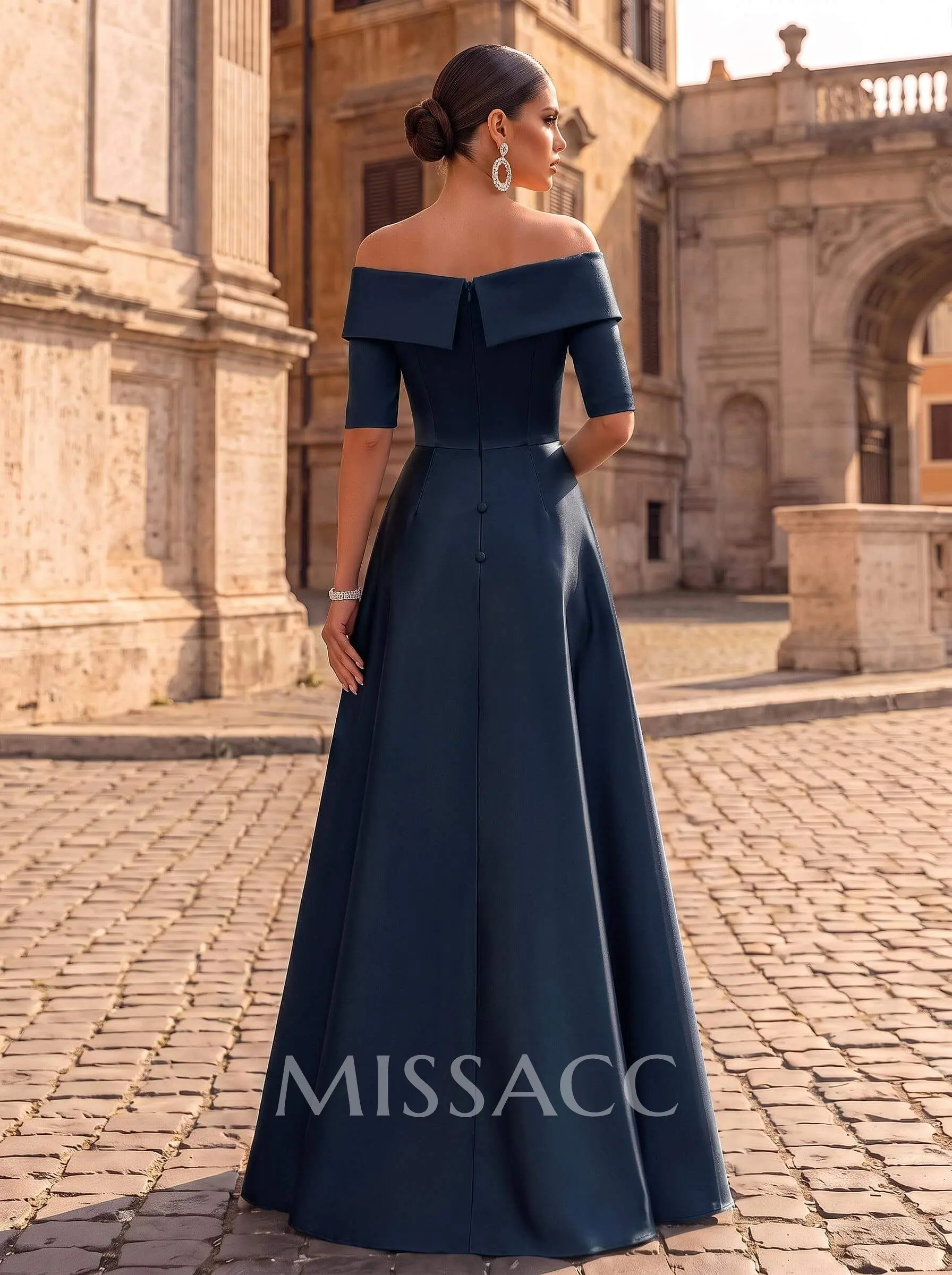 Elegant Off-The-Shoulder Satin Evening Dresses With 1/2 Sleeves