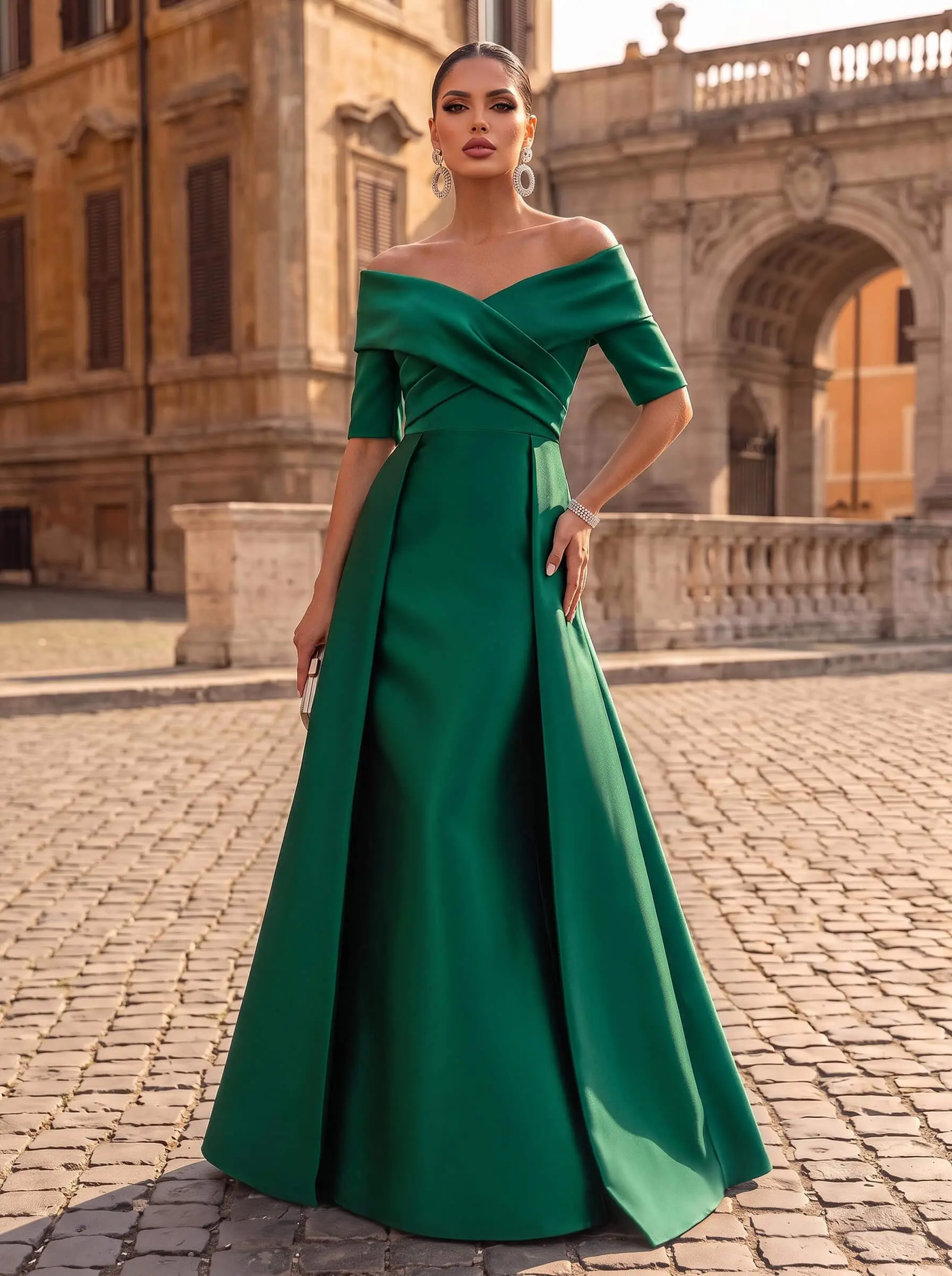 Elegant Off-The-Shoulder Satin Evening Dresses With 1/2 Sleeves Elegant Off-The-Shoulder Satin Evening Dresses With 1/2 Sleeves