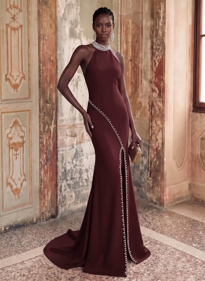 Sheath/Column Halter Sleeveless Elastic Satin Evening Dresses With Rhinestone