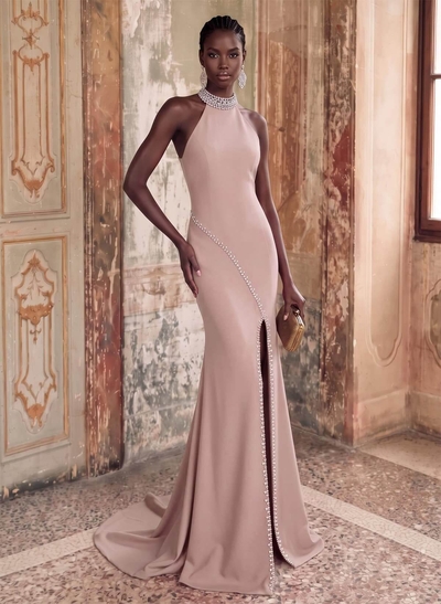 Sheath/Column Halter Sleeveless Elastic Satin Evening Dresses With Rhinestone