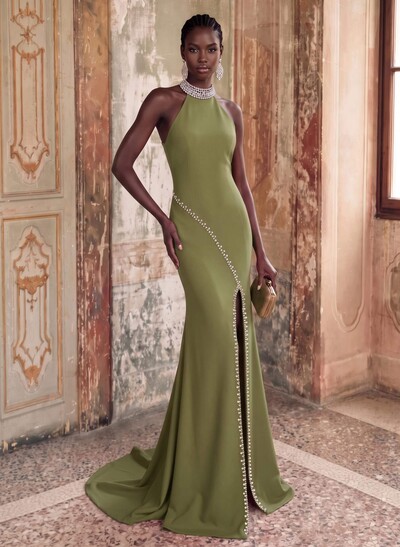 Sheath/Column Halterneck Sleeveless Stretch Satin Evening Dress With Diamantes