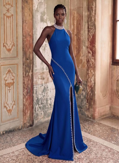 Sheath/Column Halter Sleeveless Elastic Satin Evening Dresses With Rhinestone