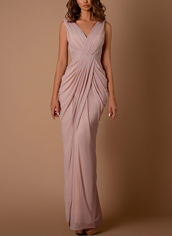 Sheath/Column V-Neck Sleeveless Floor-Length Chiffon Evening Dresses
