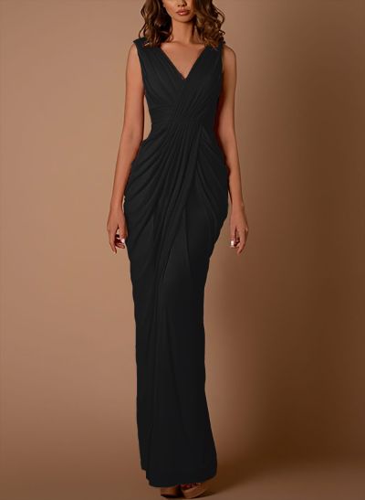 Sheath/Column V-Neck Sleeveless Floor-Length Chiffon Evening Dresses