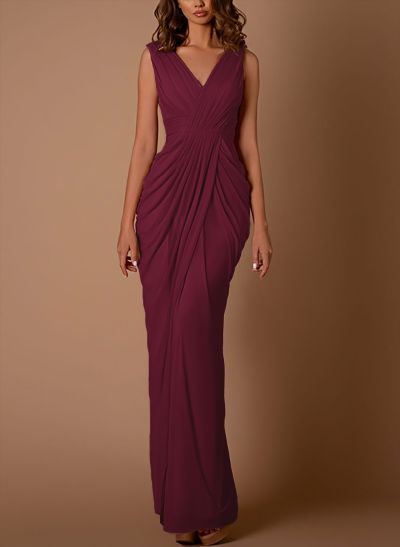 Sheath/Column V-Neck Sleeveless Floor-Length Chiffon Evening Dresses