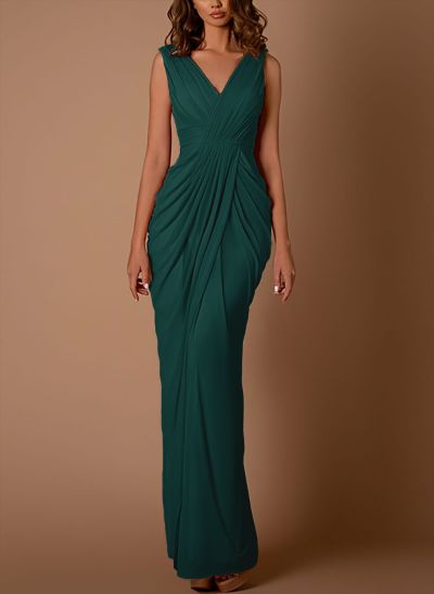 Sheath/Column V-Neck Sleeveless Floor-Length Chiffon Evening Dresses