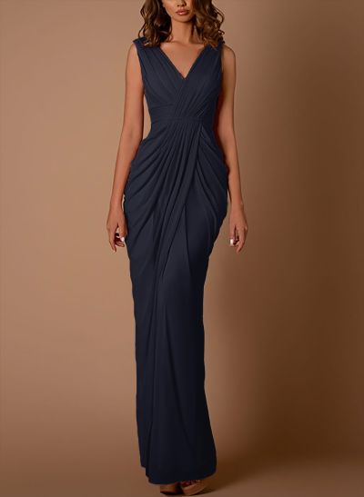 Sheath/Column V-Neck Sleeveless Floor-Length Chiffon Evening Dresses