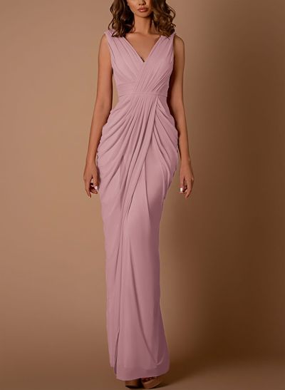 Sheath/Column V-Neck Sleeveless Floor-Length Chiffon Evening Dresses