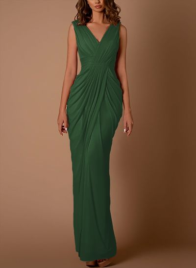 Sheath/Column V-Neck Sleeveless Floor-Length Chiffon Evening Dresses