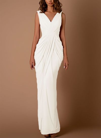 Sheath/Column V-Neck Sleeveless Floor-Length Chiffon Evening Dresses