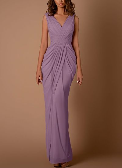 Sheath/Column V-Neck Sleeveless Floor-Length Chiffon Evening Dresses