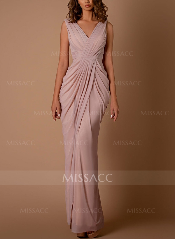 Sheath/Column V-Neck Sleeveless Floor-Length Chiffon Evening Dresses