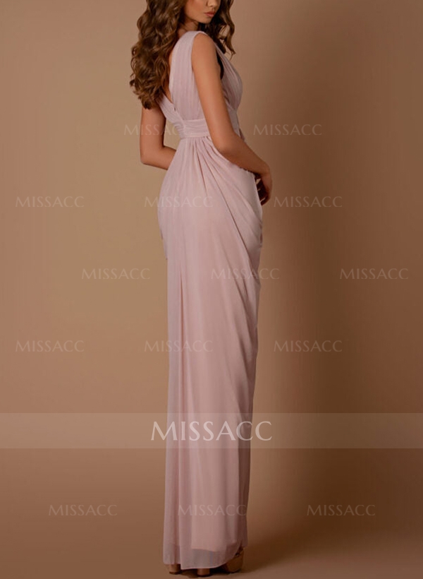 Sheath/Column V-Neck Sleeveless Floor-Length Chiffon Evening Dresses