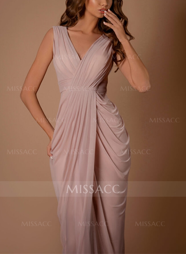 Sheath/Column V-Neck Sleeveless Floor-Length Chiffon Evening Dresses