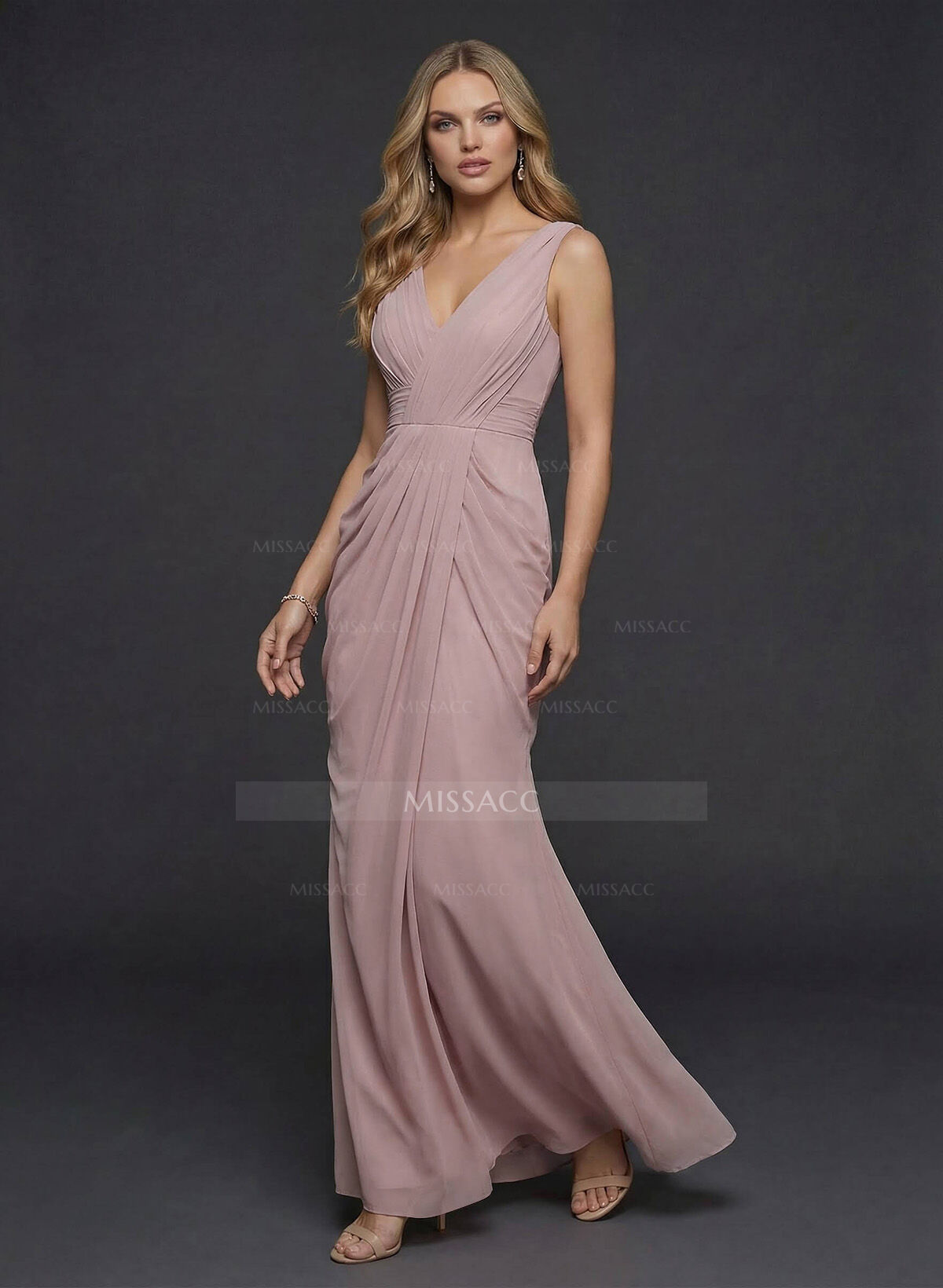 Sheath/Column V-Neck Sleeveless Floor-Length Chiffon Evening Dresses