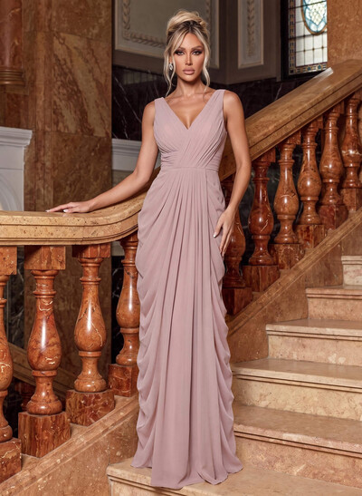 Sheath/Column V-Neck Sleeveless Floor-Length Chiffon Evening Dresses