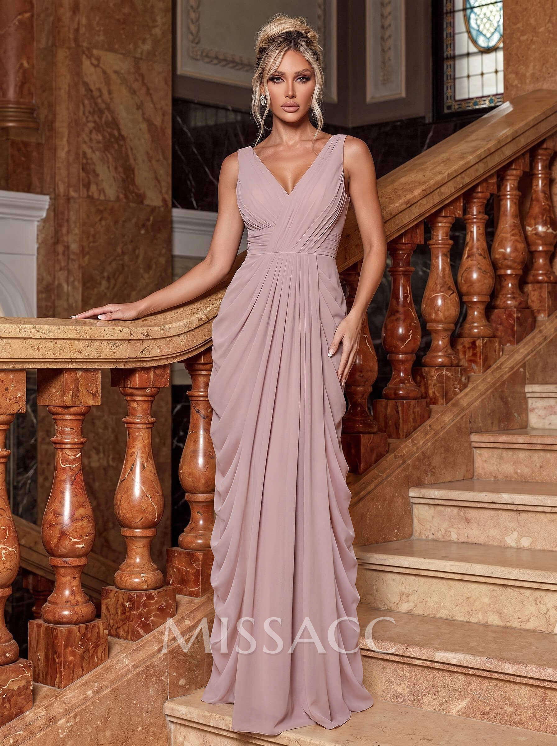 Sheath/Column V-Neck Sleeveless Floor-Length Chiffon Evening Dresses