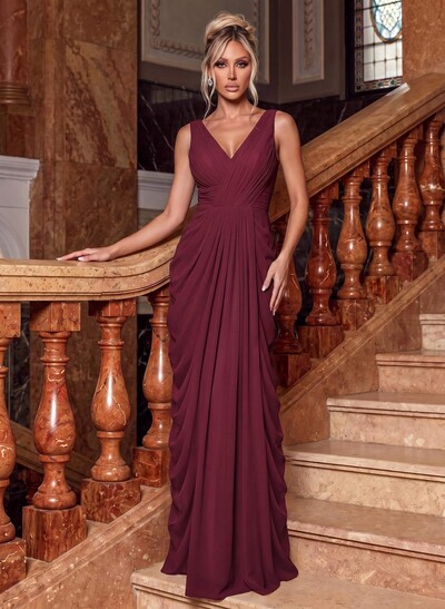 Sheath/Column V-Neck Sleeveless Floor-Length Chiffon Evening Dresses
