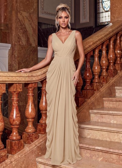 Sheath/Column V-Neck Sleeveless Floor-Length Chiffon Evening Dresses