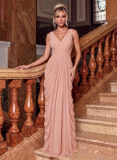 Sheath/Column V-Neck Sleeveless Floor-Length Chiffon Evening Dresses